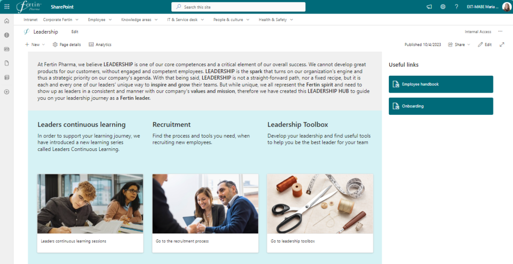 Leadership site i Fertin Pharma intranet